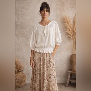 Maurices White Boho Eyelet Peasant Blouse Tassel Cotton Gauze Cottagecore